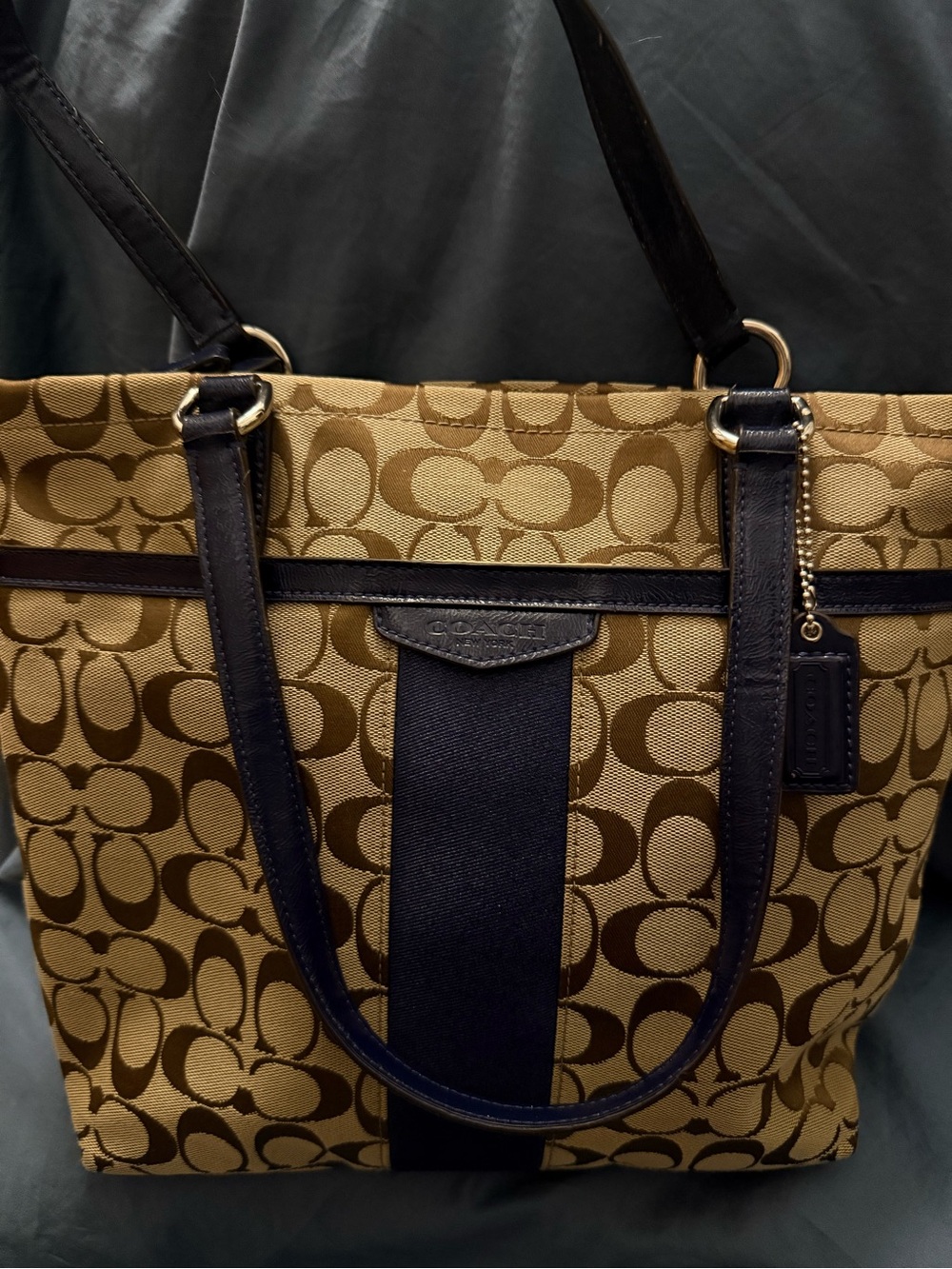 Coach Signature Canvas Tote in Khaki/Chocolate with Navy Trim